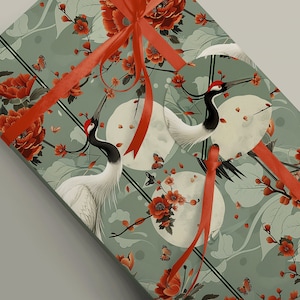 Japanese Inspired Crane and Poppy Wrapping Paper - Artistic Gift Wrap Gift Wrapping Paper Packaging