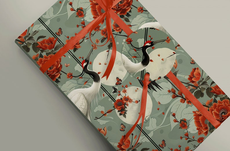 Japanese Inspired Crane and Poppy Wrapping Paper - Artistic Gift Wrap Option