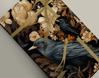 Raven or Jackdaw with Golden Foliage Wrapping Paper Mythology Witchcraft, Fantasy Wedding or Birthday Gift Wrap Paper 100gsm