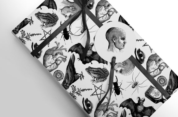 Halloween Witchcraft Luxury Gift Wrap, monochrome art style wrapping paper and tissue paper sheets perfect for that special gift
