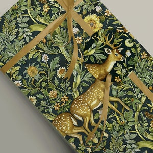 Papier cadeau Art nouveau chevreuil dans la forêt - emballage cadeau inspiré de William Morris, papier recyclable de luxe 100 g