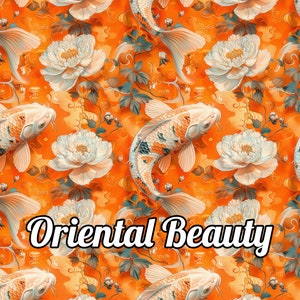Puede incluir: Un patr&oacute;n sin costuras que presenta peces koi naranja, blanco y verde nadando entre peon&iacute;as blancas y hojas verdes sobre un fondo naranja. El texto "Oriental Beauty" est&aacute; centrado en la parte inferior de la imagen.