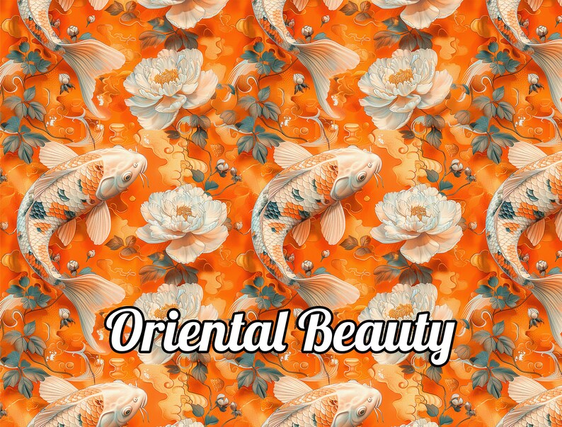 Puede incluir: Un patr&oacute;n sin costuras que presenta peces koi naranja, blanco y verde nadando entre peon&iacute;as blancas y hojas verdes sobre un fondo naranja. El texto "Oriental Beauty" est&aacute; centrado en la parte inferior de la imagen.