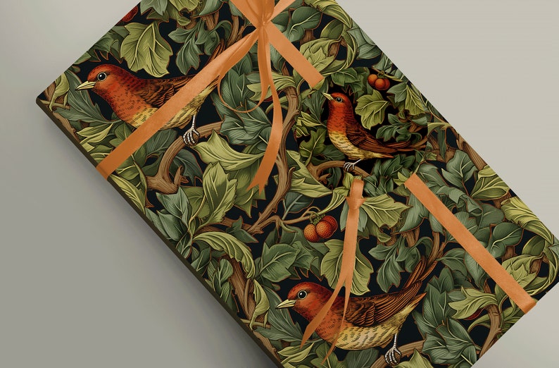 Holiday Wrapping Paper: Holly, Ivy, and Robin Pattern around a gift with a ribbon