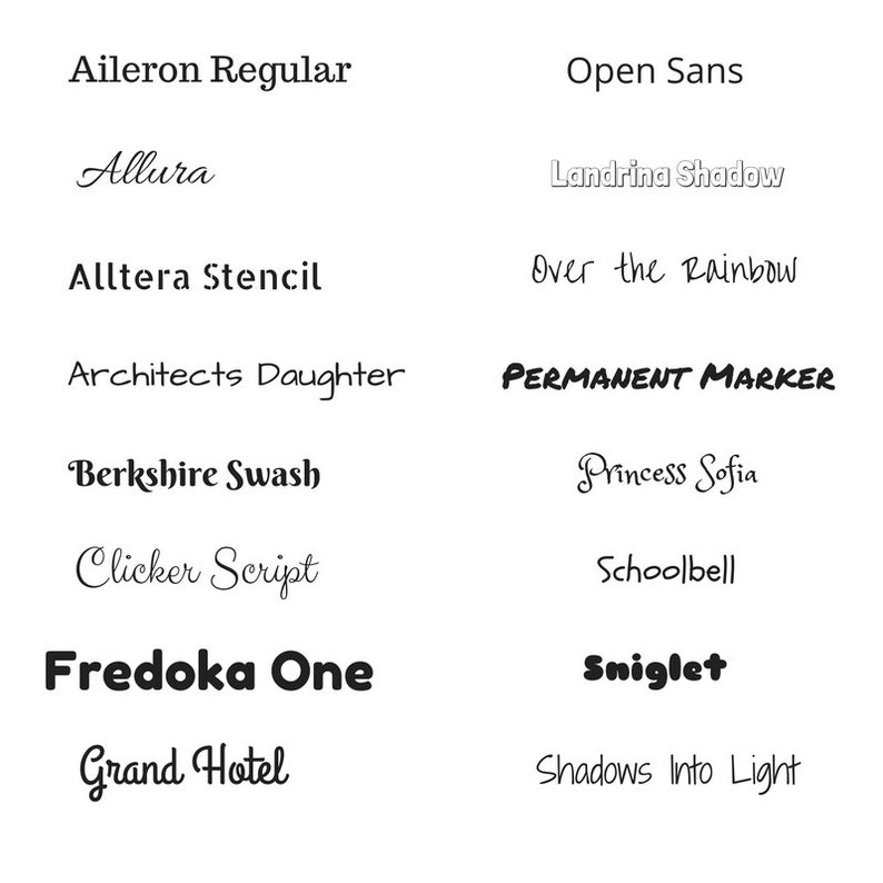 May include: A collection of 10 different font names written in various styles. The fonts are: Aileron Regular, Allura, Alltera Stencil, Architects Daughter, Berkshire Swash, Clicker Script, Fredoka One, Grand Hotel, Open Sans, Landrina Shadow, Over the Rainbow, PERMANENT MARKER, Princess Sofia, Schoolbell, Sniglet, Shadows Into Light.