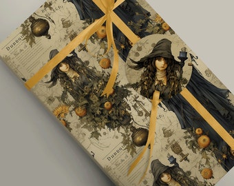 Automne, sorcières d'automne et fleurs d'oranger éphémères papier d'emballage de luxe, sorcellerie mythologie, papier d'emballage cadeau cottage 100 g