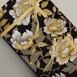Papier d'emballage chinois pivoine dorée - Papier cadeau oriental pour emballage cadeau luxueux, feuilles de 100 g/m², noir, décoratif, floral, techperch