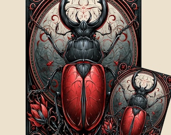 Art Nouveau Red and Black Beetle Decoupage Tissue, Rice paper, A3, A4 or A5
