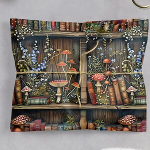 May include: A wrapped parcel with a fantasy illustration of a bookshelf, books, mushrooms, and flowers. The package is tied with twine, creating a rustic aesthetic. The colour palette includes browns, reds, and blues. The image evokes a sense of nature and fantasy.