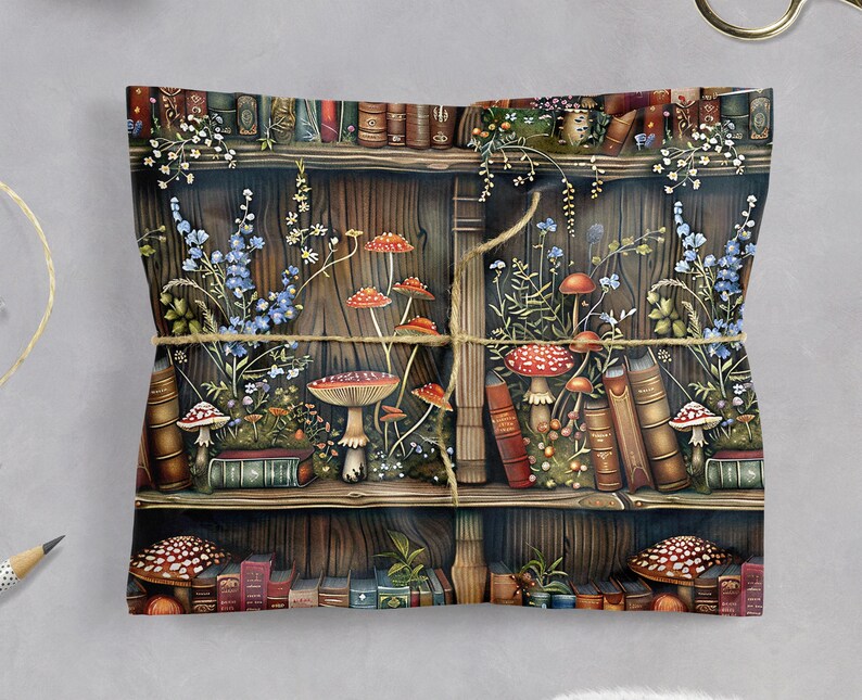 May include: A wrapped parcel with a fantasy illustration of a bookshelf, books, mushrooms, and flowers. The package is tied with twine, creating a rustic aesthetic. The colour palette includes browns, reds, and blues. The image evokes a sense of nature and fantasy.