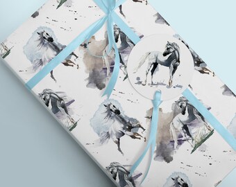 Luxury Gift Wrap Grey Horses wrapping paper and tissue paper sheets perfect for equestrian gifts for her or that special birthday