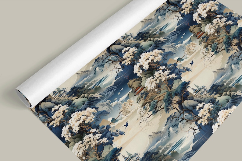 Elegant Oriental Blue and Grey Chinoiserie Wrapping Paper for Luxurious Gift Packaging image 4