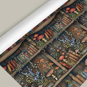 Nature-Inspired Book Display with Mushrooms and Flowers on Wrapping Paper