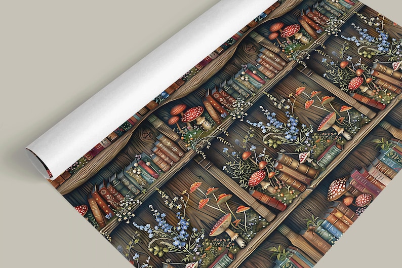 Nature-Inspired Book Display with Mushrooms and Flowers on Wrapping Paper