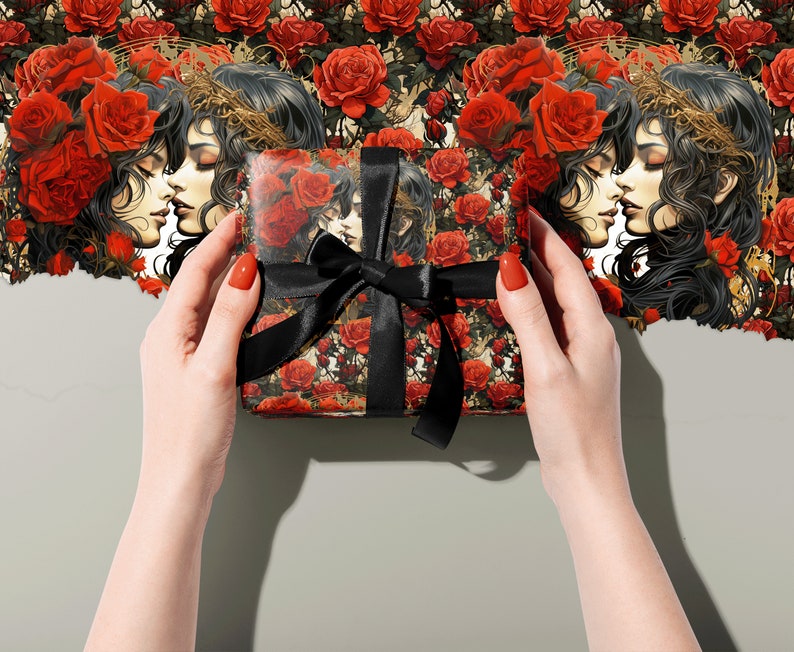 Romantic Gothic Valentine Gift Wrap with Lovers and Red Roses - Spellbindingly Beautiful Valentine's Day Gift Wrap Paper 100gsm image 10