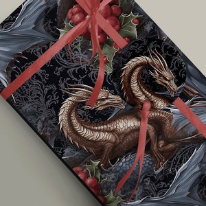 マジカルドラゴンのクリスマスギフトラッピング - 魔法のタッチを添えるお祝いの紙、神話の魔術、コテージコアギフトラッピングペーパー 100gsm