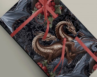 Magical Dragon Christmas Gift Wrap - Festive Paper for a Touch of Enchantment, Mythology Witchcraft, Cottagecore Gift Wrapping Paper 100gsm