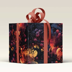 Wrapping paper with a surreal flower, tree and cloud image, wrapping a gift with a dusky pink ribbon.