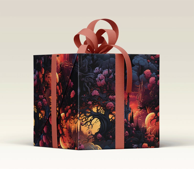Wrapping paper with a surreal flower, tree and cloud image, wrapping a gift with a dusky pink ribbon.