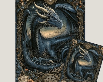 Blue Dragon Art Print - Decoupage Rice or Tissue Craft Paper | Fantasy Cave Floral Dragon Illustration