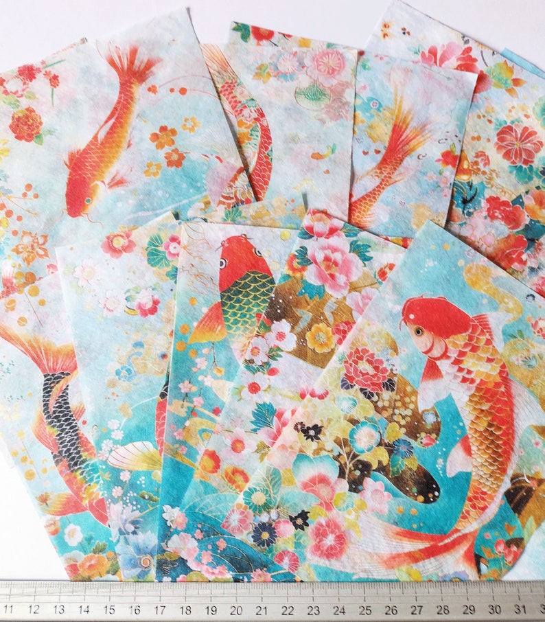 Decoupage tissue paper featuring koi and flowers in a chinese style