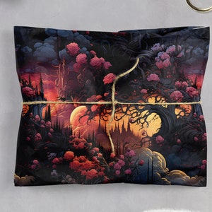 Wrapping paper with a surreal flower, tree and cloud image, wrapping a gift with string