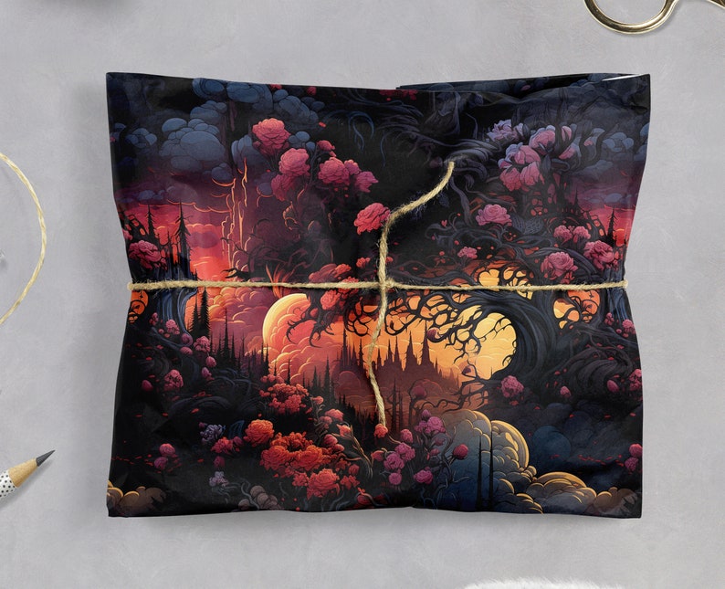 Wrapping paper with a surreal flower, tree and cloud image, wrapping a gift with string