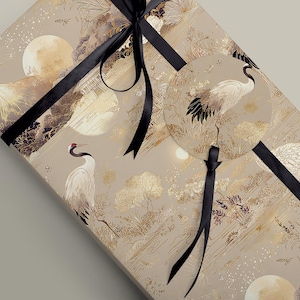 Beige Chinoiserie Inspired Crane and  Floral Gift Wrap - Wrapping Paper