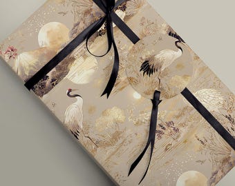 Beige Chinoiserie Inspired Crane and  Floral Gift Wrap - 95gsm Wrapping Paper and 19gsm Genuine Tissue Paper Craft Decoupage Scrapbook