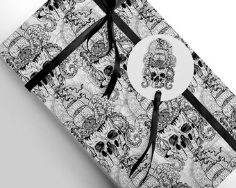 May include: Black and white wrapping paper featuring a repeating pattern of a skull with an octopus and a lighthouse. The paper is tied with a black ribbon and has a round white tag with the same image on it.