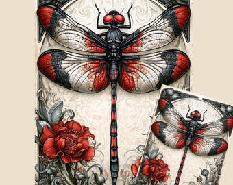 Gothic Dragonfly Decoupage Paper | Art Nouveau Red and Black Tissue & Rice Paper | A3 A4 A5