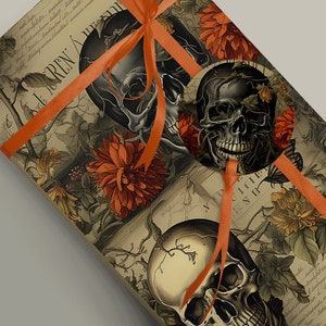 Eerie Vintage Halloween Manuscript Skull Wrapping Paper Perfect for Spooky Presents Mythology Witchcraft, Cottagecore Gift Wrap Paper 100gsm