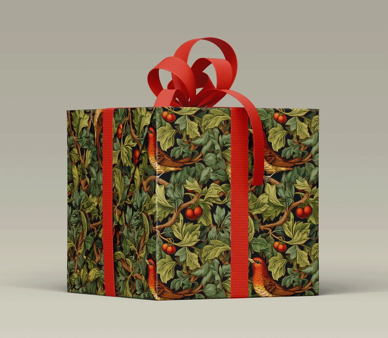 Holiday Wrapping Paper: Holly, Ivy, and Robin Pattern around a gift with a ribbon