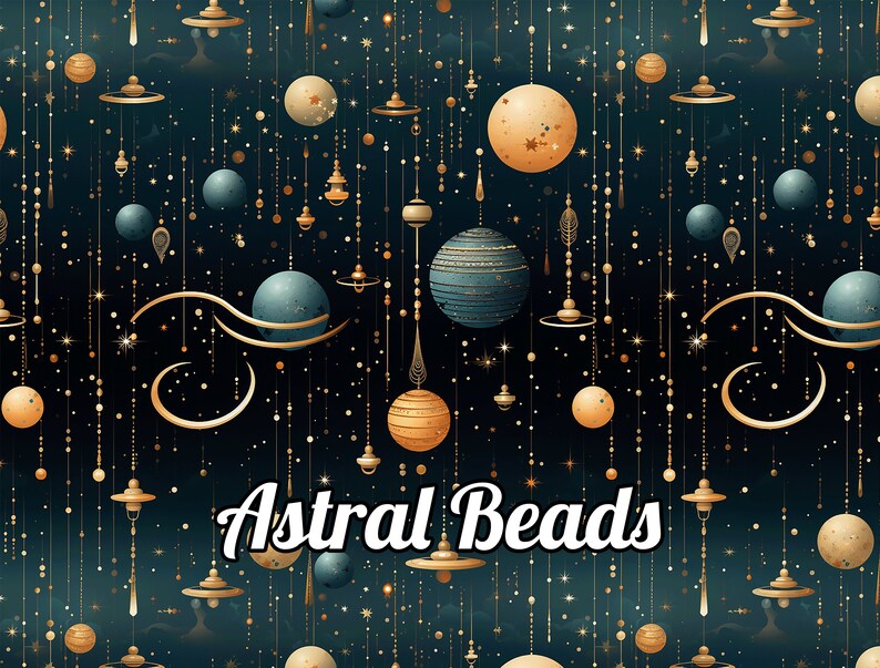 Może przedstawiać: Wz&oacute;r bez szw&oacute;w z złotymi i niebieskimi ciałami niebieskimi, gwiazdami i koralikami na ciemnoniebieskim tle. Tekst "Astral Beads" znajduje się w środku obrazu.