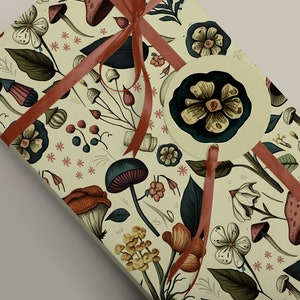 Champignons ou champignons avec fleurs Papier cadeau de luxe, sorcellerie mythologie, papier cadeau cottage 100 g