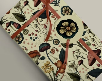 Mushroom or toadstools with flowers Luxury Wrapping Paper, Mythology Witchcraft, Cottagecore Gift Wrap Paper 95gsm