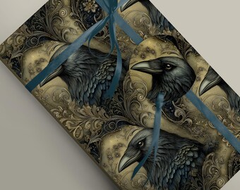 Black & Gold Raven Wrapping Paper, Gothic Ornate Gift Wrap, Victorian Goth Gift
