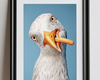 Whimsical Seagull with Potato Chip - Fun Kitchen Art Print A3, A4, A5