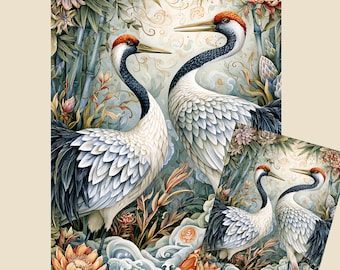 Art Nouveau Japanese Crane Koi & Bamboo Decoupage Paper | Tissue and Rice Paper | A3 A4 A5