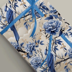 Papier cadeau élégant inspiré de l'Extrême-Orient, fleurs bleues et oiseaux chinoiseries - Papier cadeau oriental, feuilles de 100 g