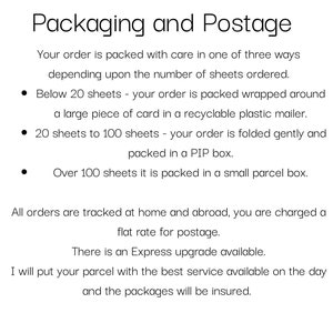 May include: Text explaining how orders are packaged and shipped. Orders under 20 sheets are wrapped in a plastic mailer, orders between 20 and 100 sheets are folded and packed in a PIP box, and orders over 100 sheets are packed in a small parcel box. All orders are tracked and a flat rate for postage is charged. An Express upgrade is available and packages are insured.
