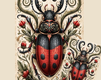 Art Nouveau Red and Black Beetle Decoupage Tissue, Rice paper, A3, A4 or A5