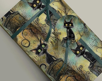 Papier cadeau Chat de cimetière effrayant - Illustration de pierre tombale gothique pour cadeaux d'Halloween, sorcellerie, papier cadeau cottagecore