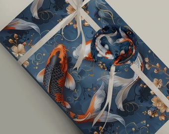 Blue Water Japanese Koi and Cherry Blossom Wrapping Paper - Elegant Gift Wrap Koi Lover Present 95gsm Sheets