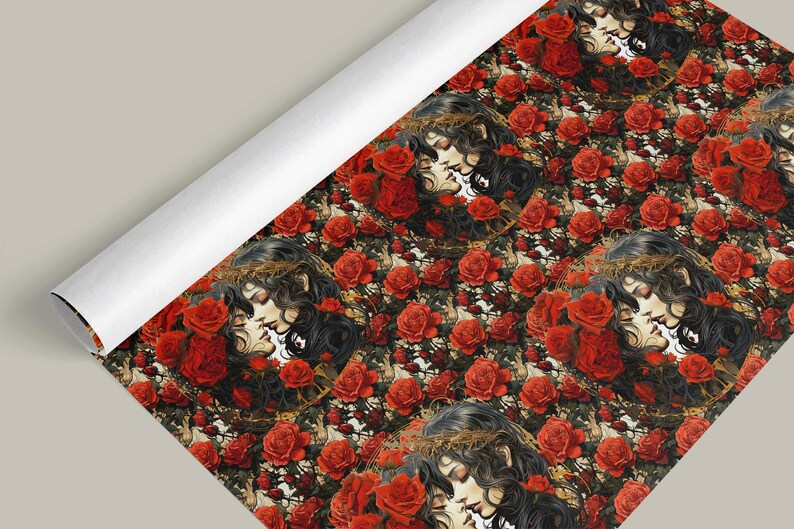 Romantic Gothic Valentine Gift Wrap with Lovers and Red Roses - Spellbindingly Beautiful Valentine's Day Gift Wrap Paper 100gsm image 6