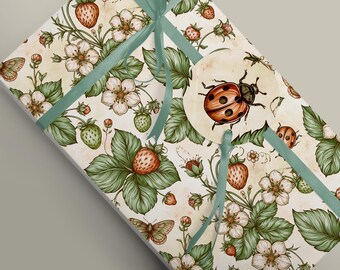 Victorian Ladybird & Strawberry Floral Botanical Wrapping Paper and Tissue for Gifts