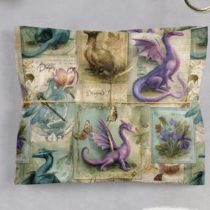 May include: A wrapped parcel with a fantasy-themed collage design. The design features dragons, butterflies, and flowers in purple, blue, and green hues. The parcel is tied with twine.