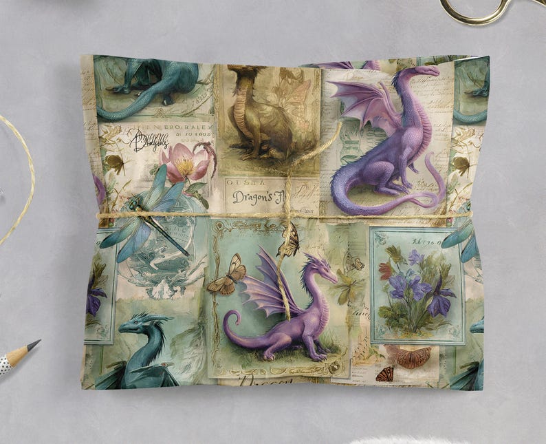 May include: A wrapped parcel with a fantasy-themed collage design. The design features dragons, butterflies, and flowers in purple, blue, and green hues. The parcel is tied with twine.