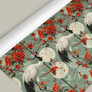 Japanese Inspired Crane and Poppy Wrapping Paper - Artistic Gift Wrap