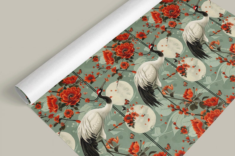 Japanese Inspired Crane and Poppy Wrapping Paper - Artistic Gift Wrap